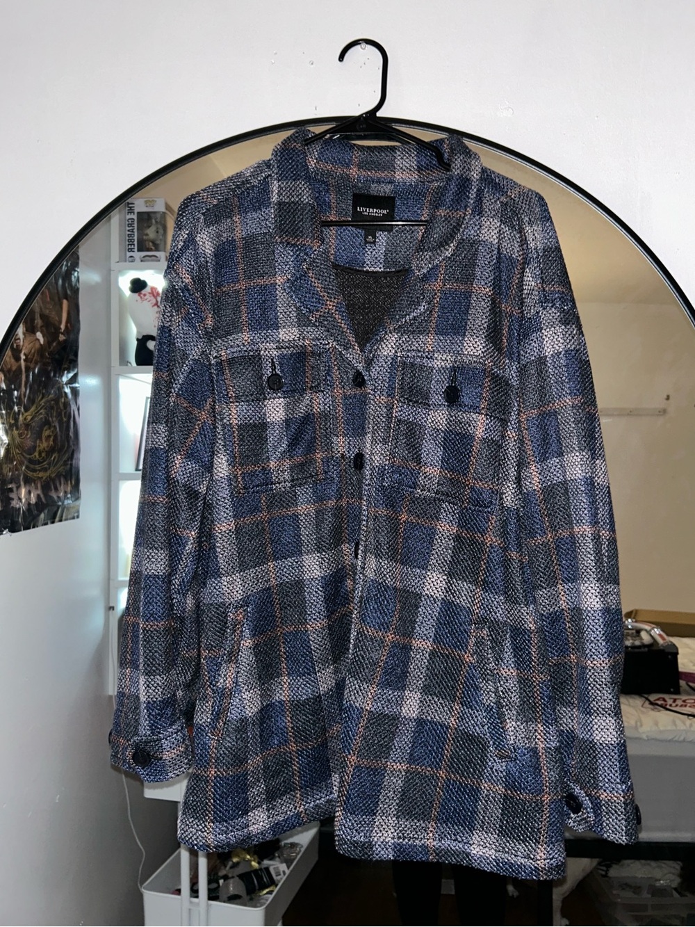 Liverpool Navy Blue Plaid Heavy Button Up Collared Flannel Shirt Jacket